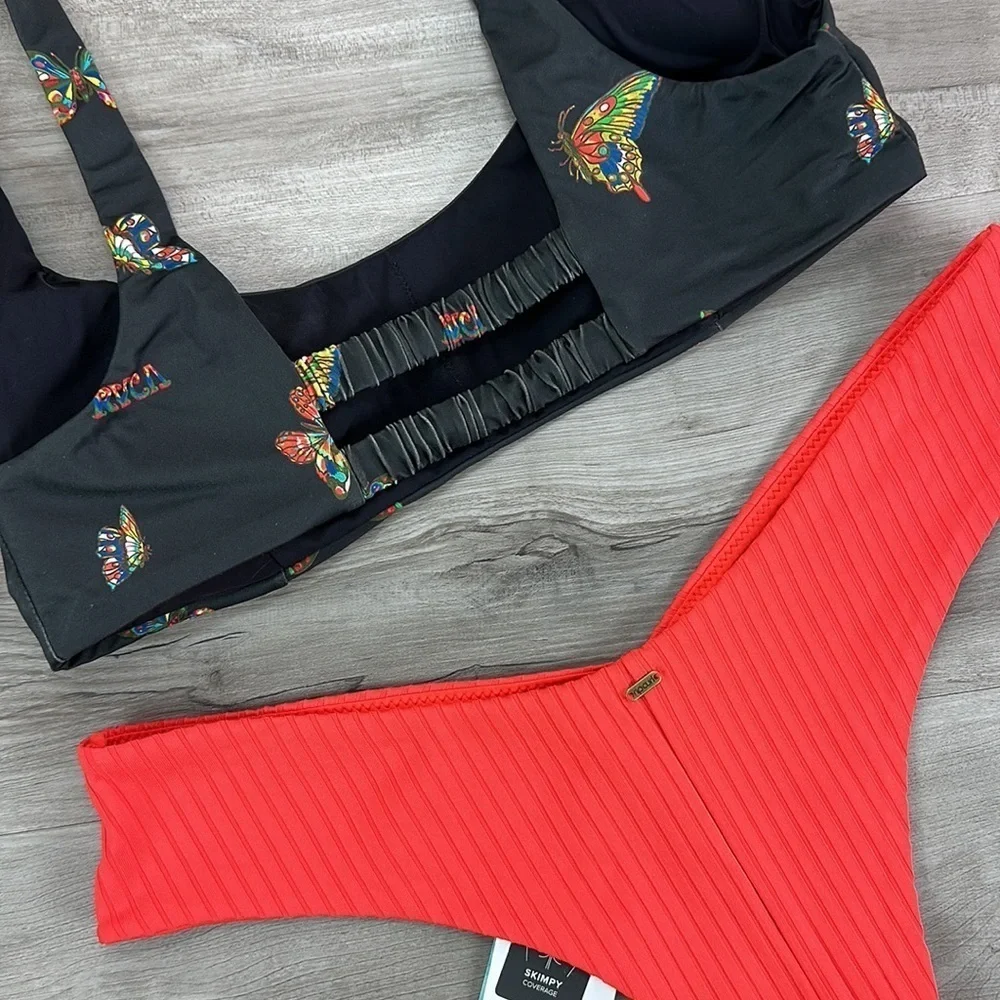 ☀️RVCA☀️RIP CIRL☀️ FLUTTER BRALETTE PREMIUM SKOMPY HIPSTER BIKINI SET - Picture 11 of 12